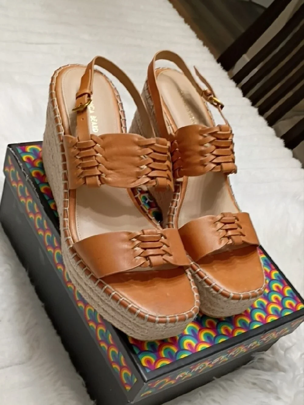 Veronica Beard Riya Cognac Leather Woven Espadrille Wedge Sandals
